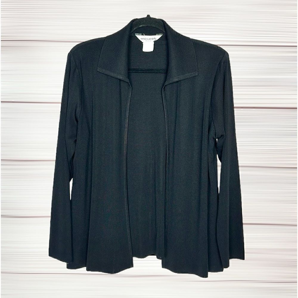 Exclusively Misook Open Front Cardigan Black Long Sleeve Collared Size L petite
